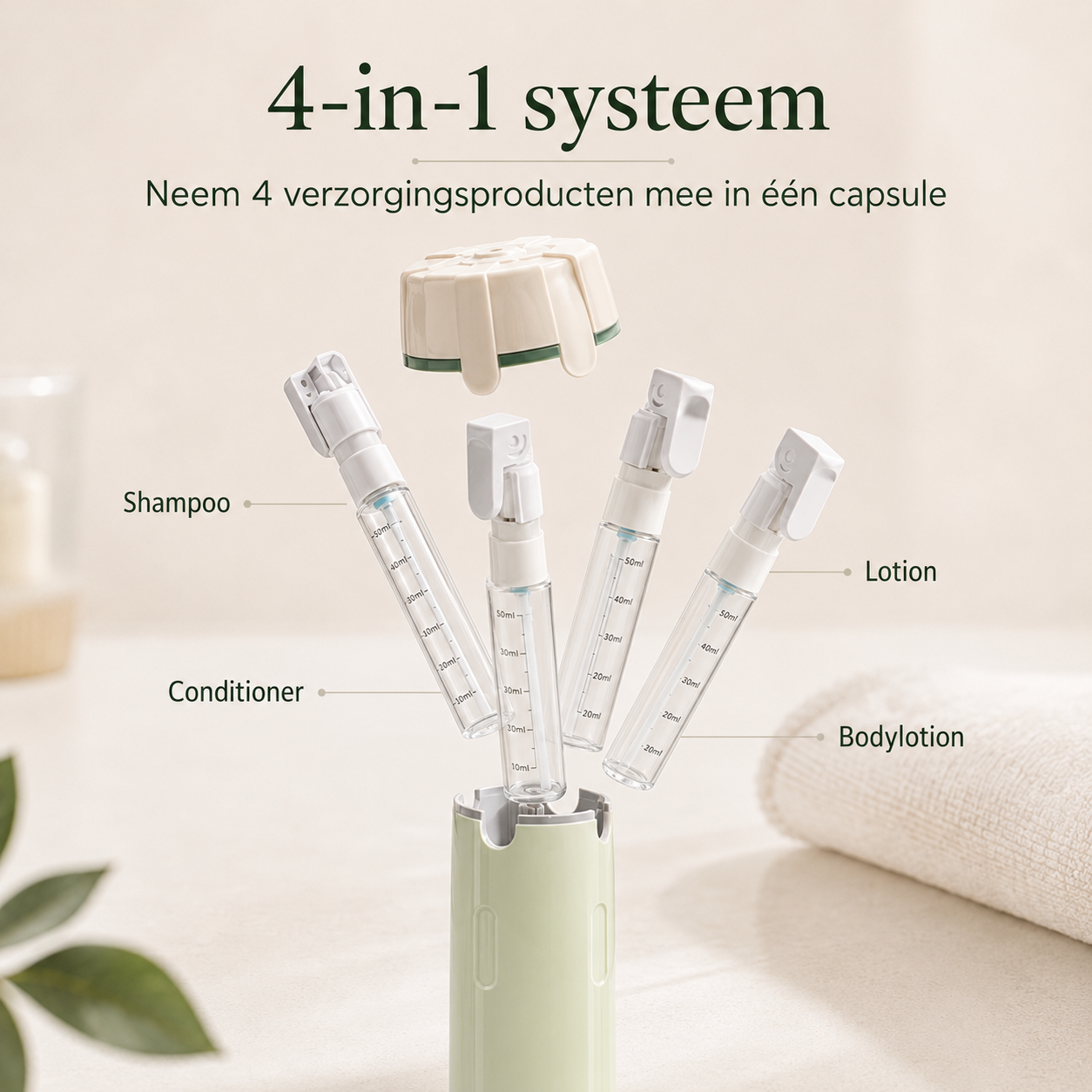 Aeris™ - 4-in-1 reisdispenser voor shampoo, skincare en verzorging onderweg