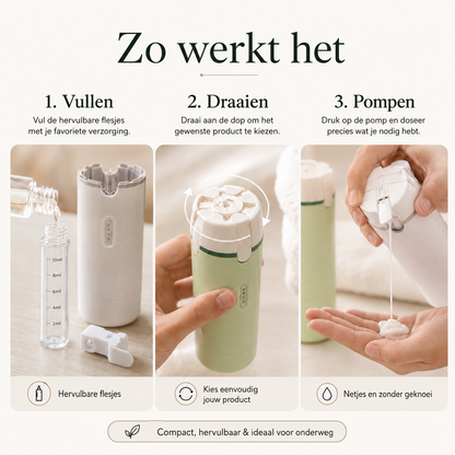 Aeris™ - 4-in-1 reisdispenser voor shampoo, skincare en verzorging onderweg