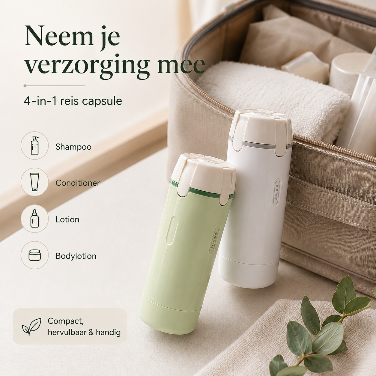 Aeris™ - 4-in-1 reisdispenser voor shampoo, skincare en verzorging onderweg