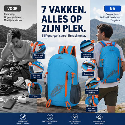 FoldAway™ – De compacte reisrugzak die overal mee naartoe kan.