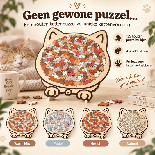 Houten Kattenpuzzel – 135 Unieke Kattenstukjes