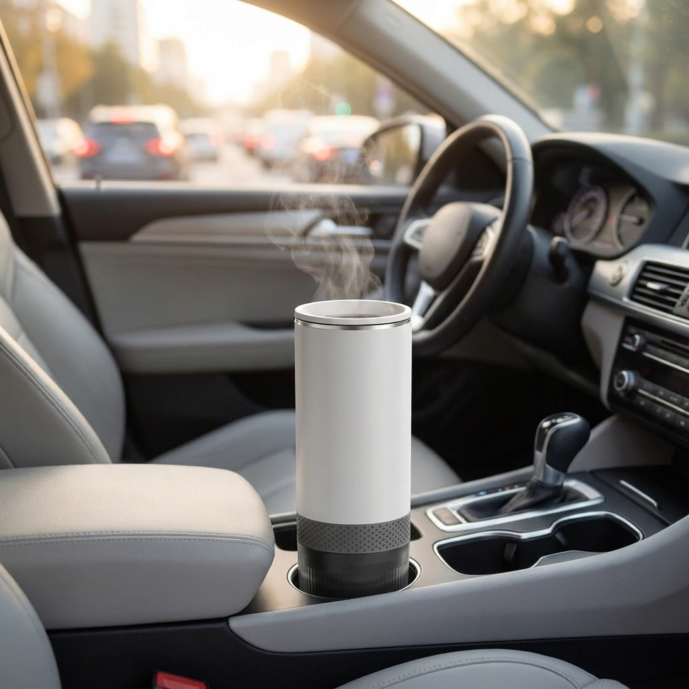 Witte Brewza espressomachine in een bekerhouder in de auto
