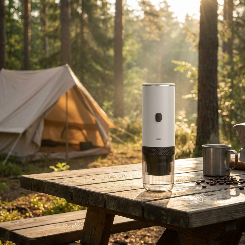 Witte Brewza espressomachine op een houten tafel op de camping
