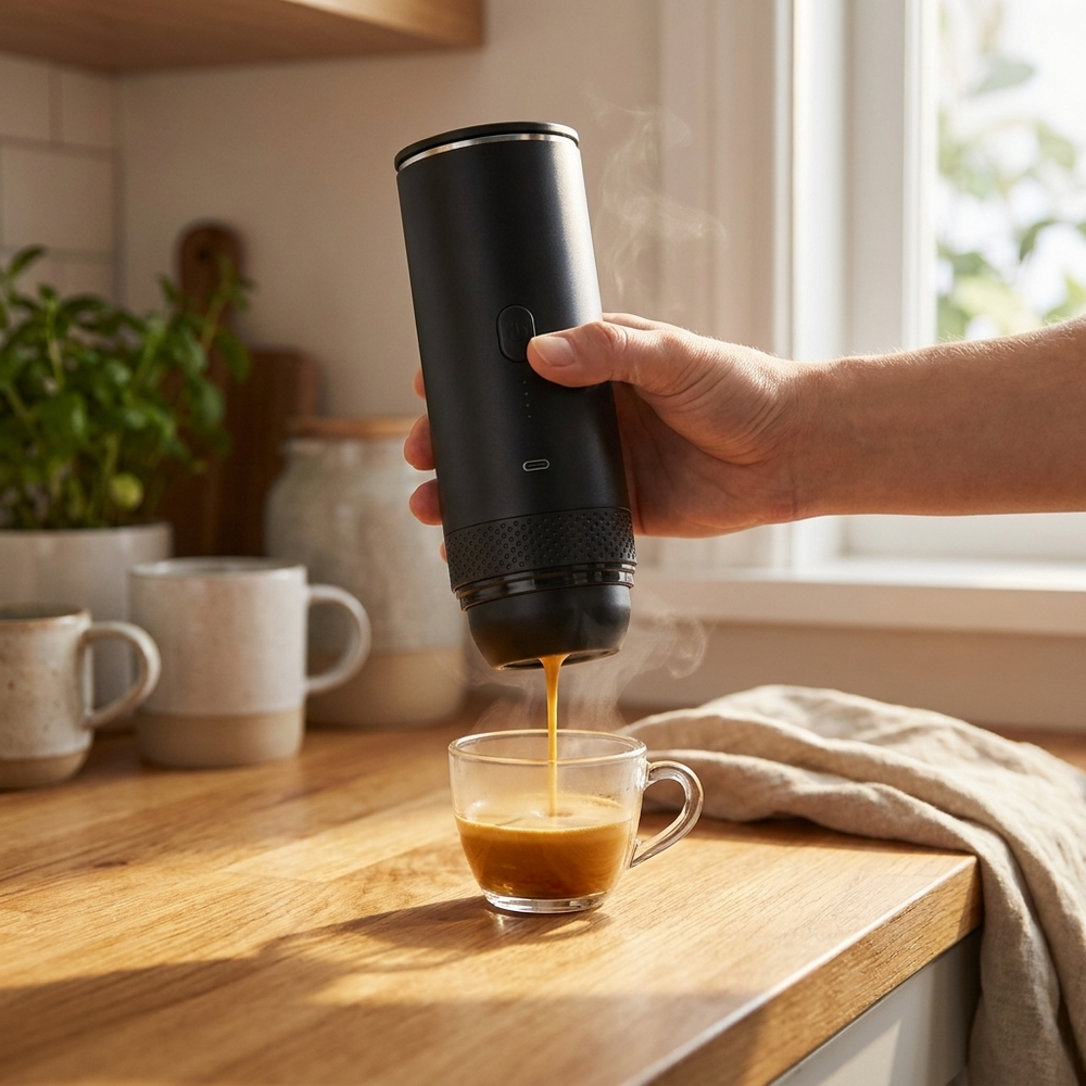 Hand houdt de mat zwarte Brewza vast met een net gezette espresso