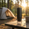 Mat zwarte Brewza espressomachine op een houten tafel op de camping