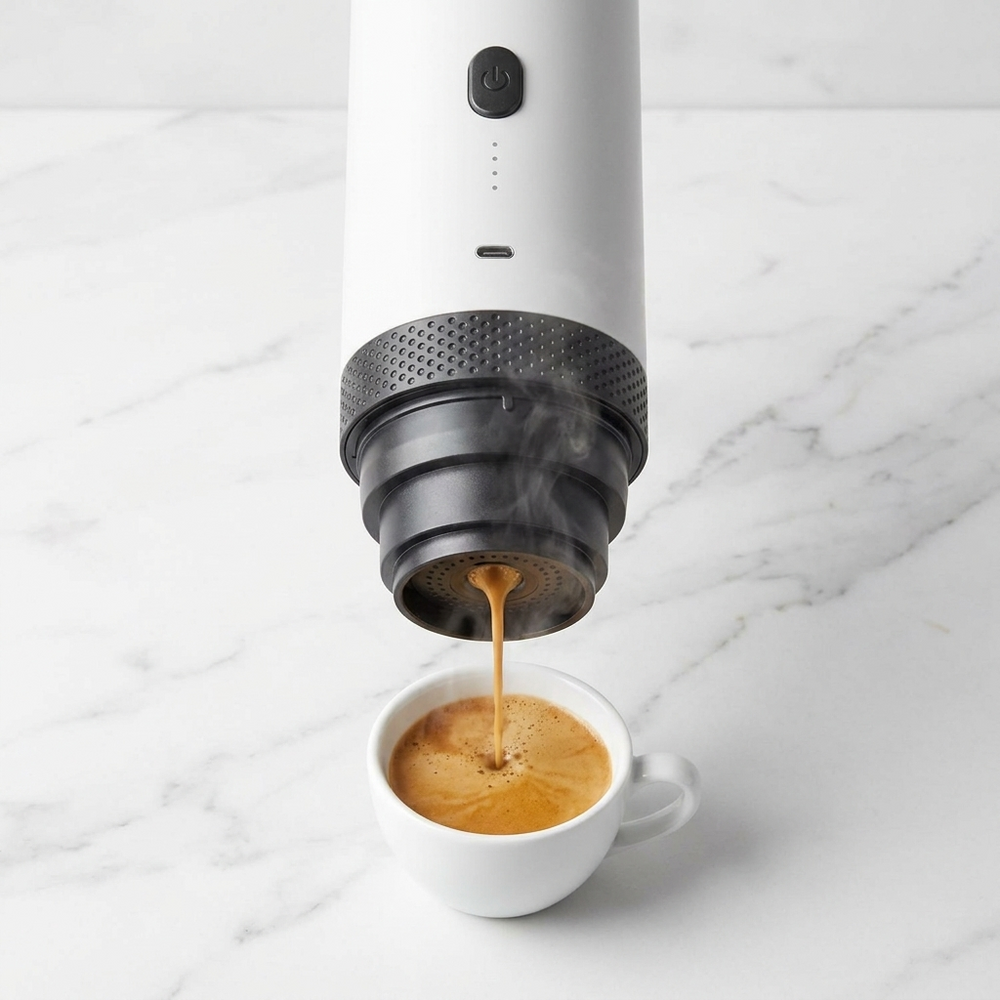 Bovenaanzicht van espresso met crema die getapt wordt bij de witte Brewza