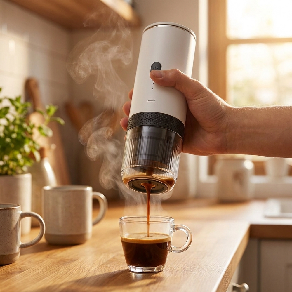 Brewza espressomachine giet verse espresso in een kopje, stoom zichtbaar