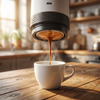 Close-up van espresso met crema die in een kopje loopt bij de witte Brewza