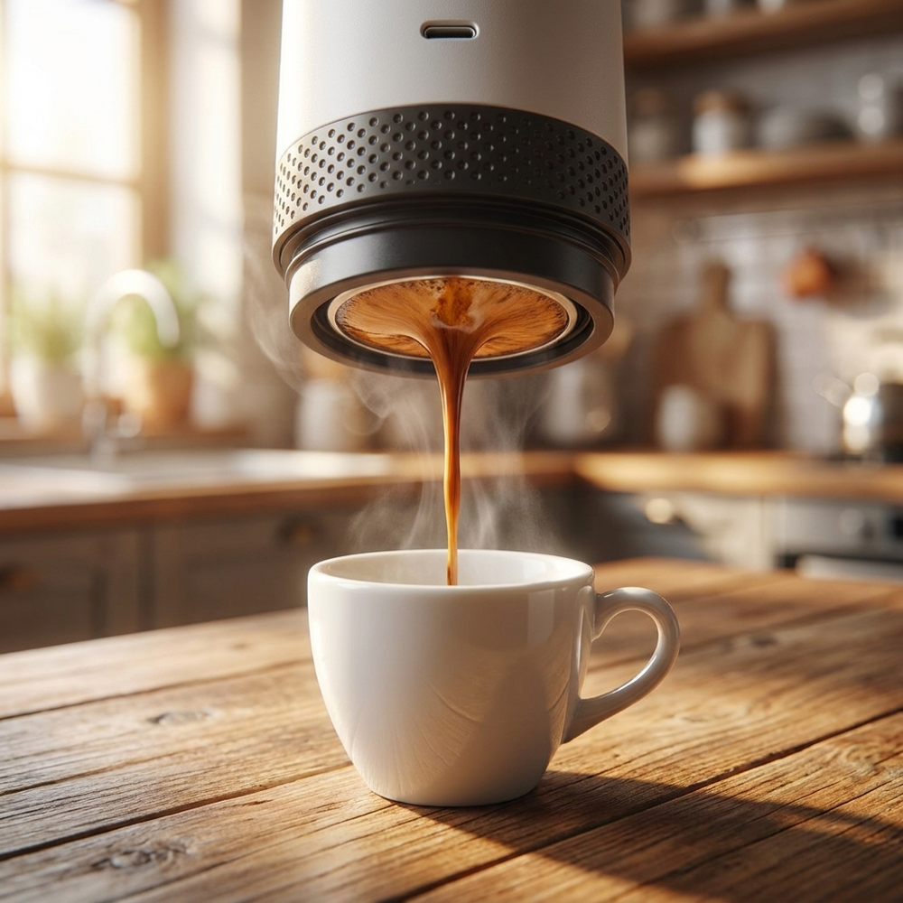 Close-up van espresso met crema die in een kopje loopt bij de witte Brewza