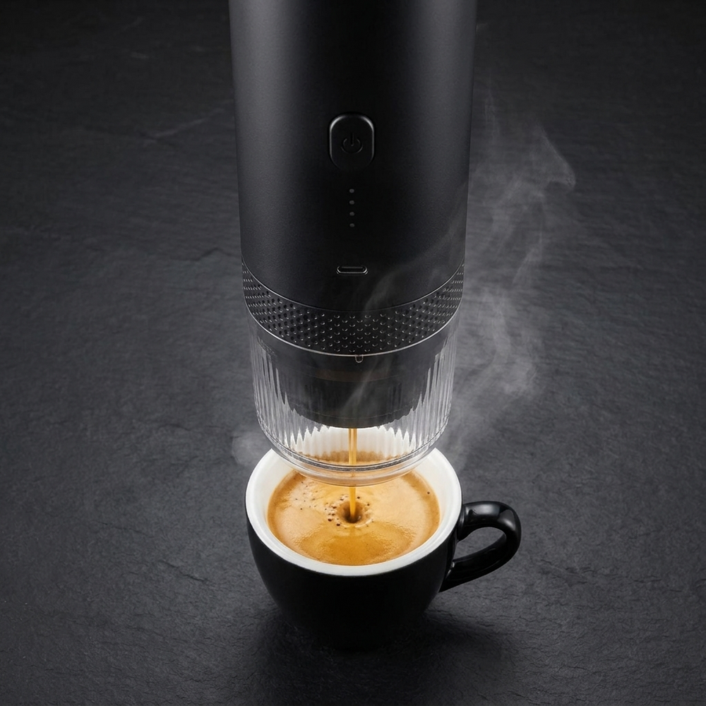 Bovenaanzicht van espresso met crema die in een kopje loopt bij de mat zwarte Brewza