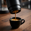 Close-up van espresso met crema die uit de mat zwarte Brewza in een kopje loopt