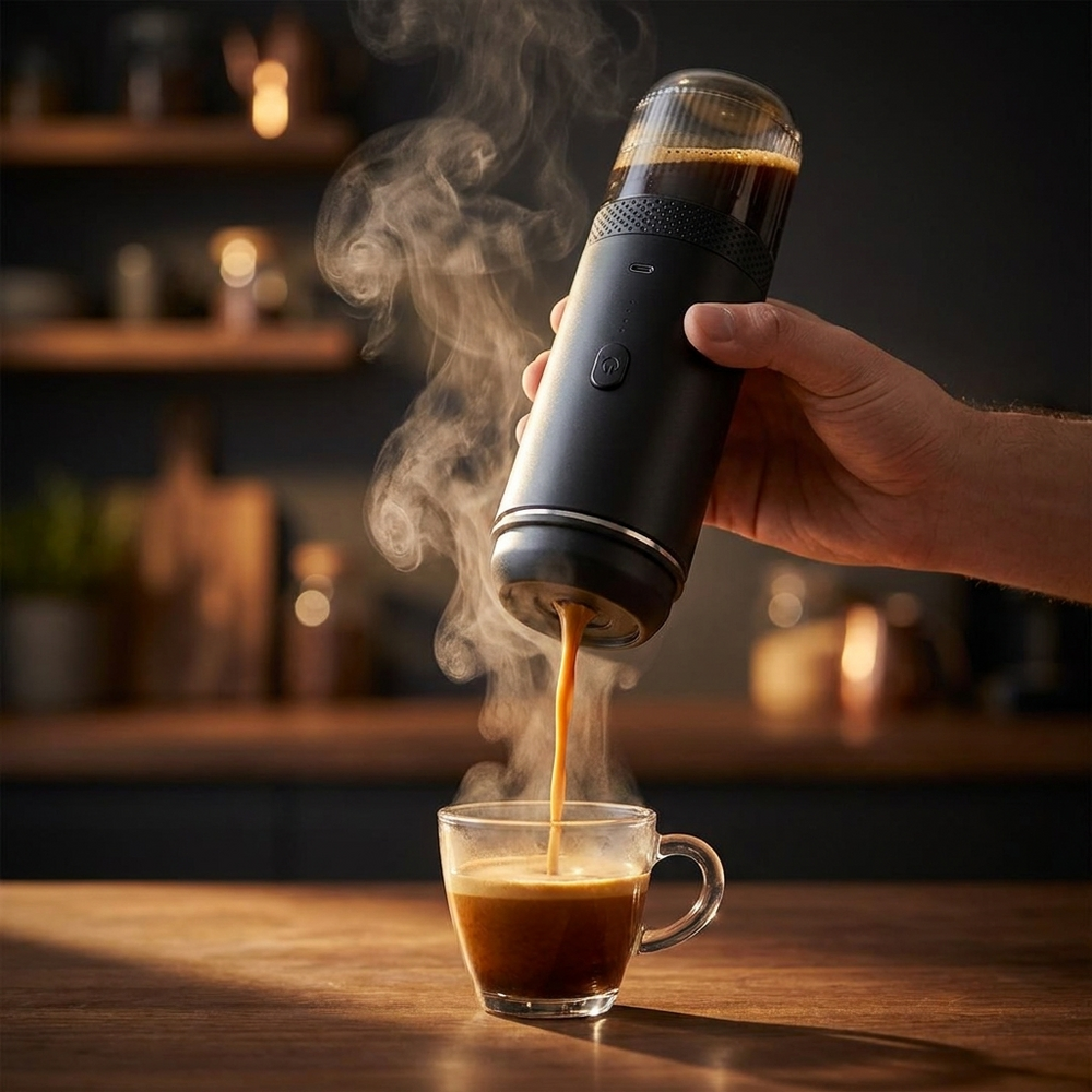 Hand houdt de mat zwarte Brewza vast terwijl er espresso in een glas kopje loopt