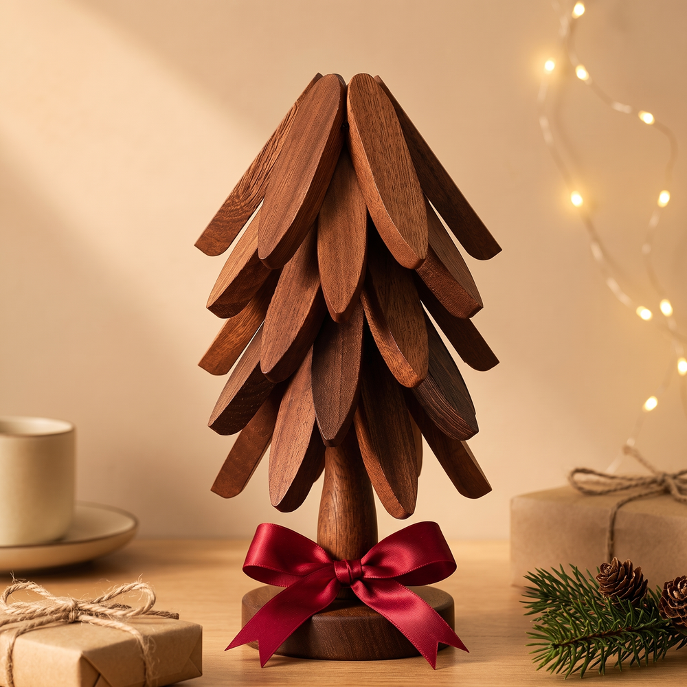 Arbora in walnootkleur met een rode strik als cadeau