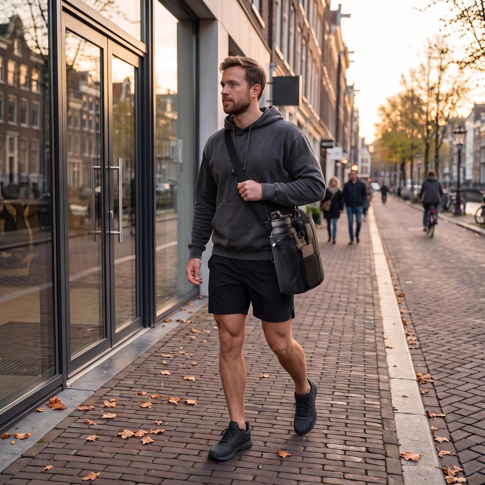 Man draagt de Magnora om zijn schouder op weg naar de sportschool