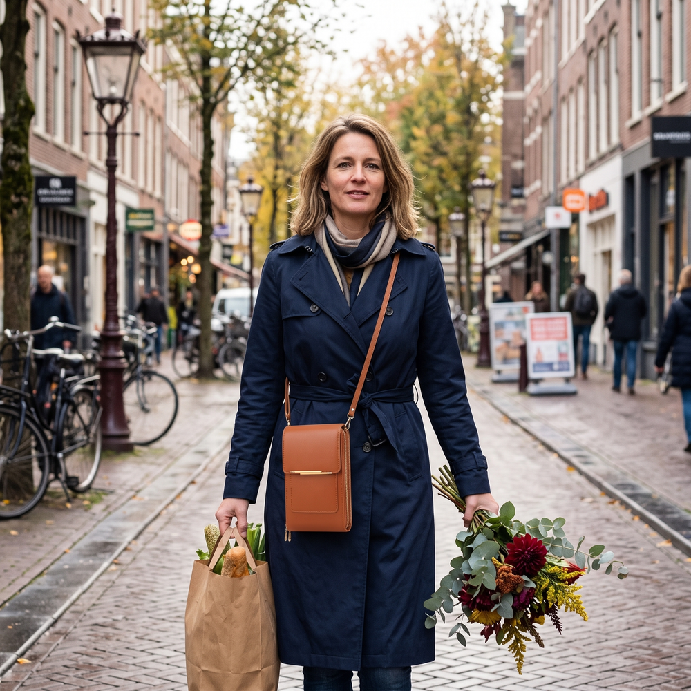 Vrouw draagt de bruine Portella in een winkelstraat