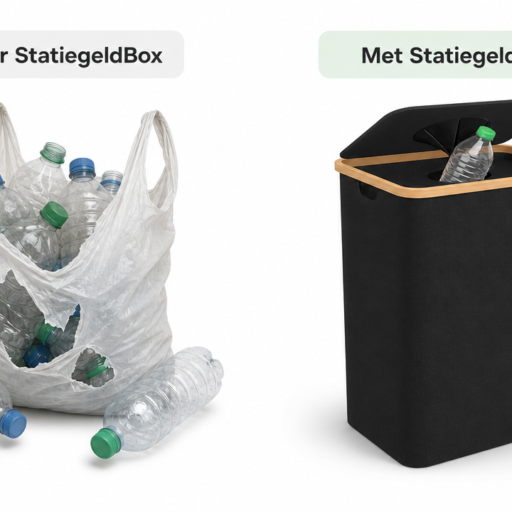 Vergelijking tussen een volle plastic tas en de StatiegeldBox met wasbare binnenzak